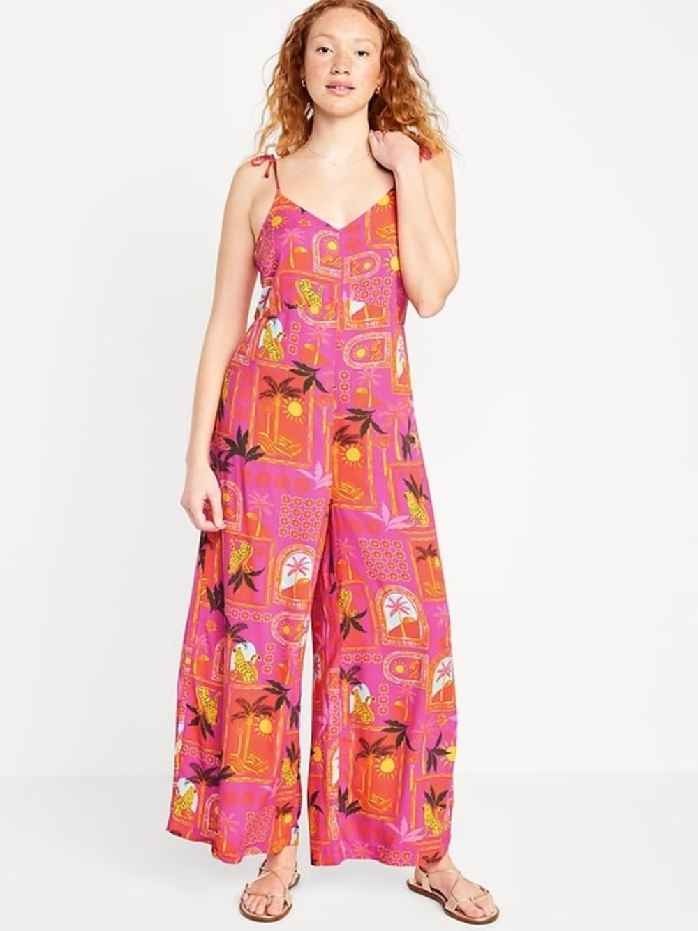 Old Navy Vibrant Colorful Tropical Wide Leg Jumpsuit Bright Pink Orange Medium P